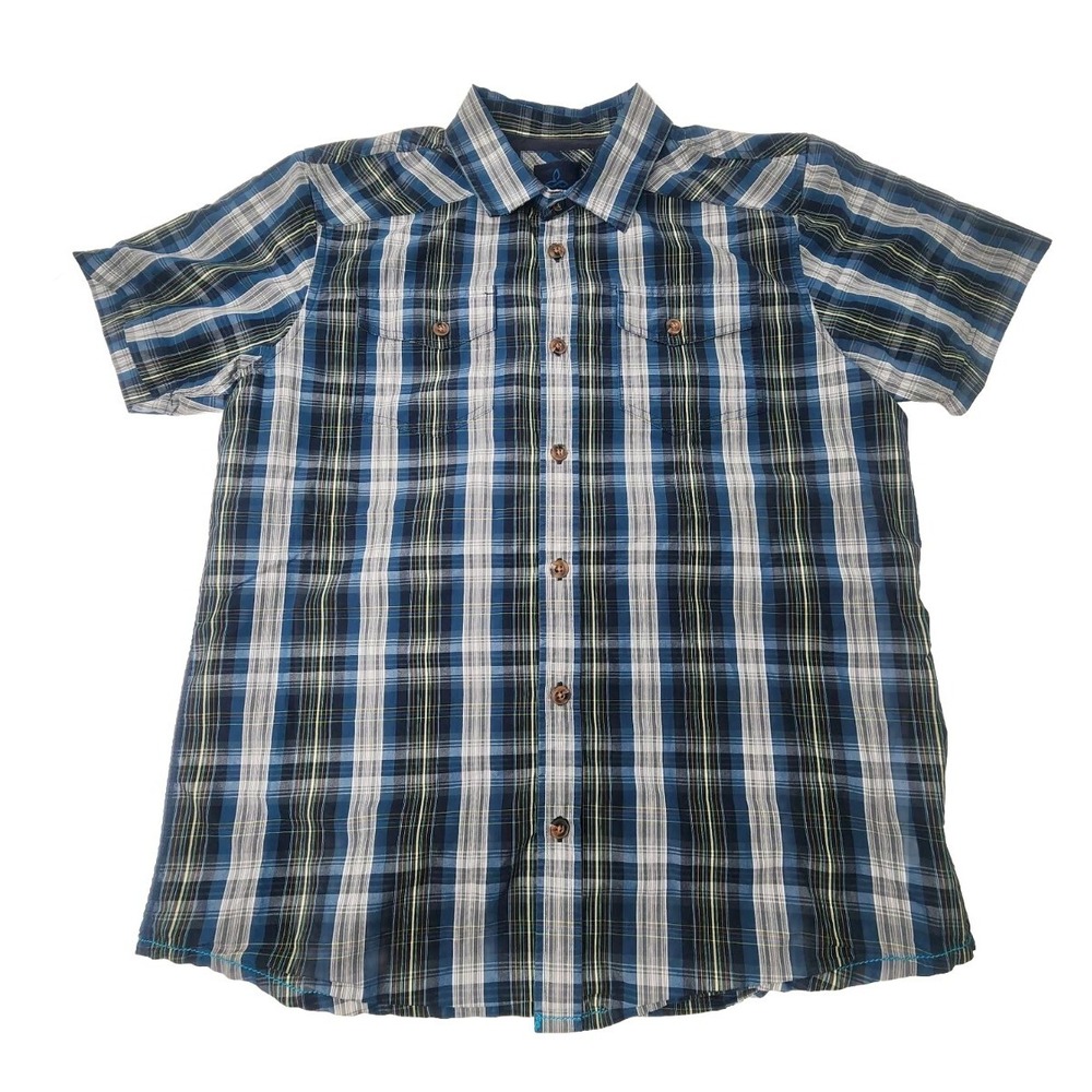 Prana Murdock Slim Fit Men Large Shirt Blue Ash Yarn Dyed Plaid Short Sleeve
